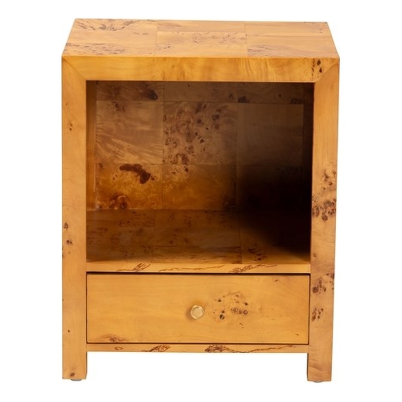 bali & pari Camira Natural Light Mappa Burl Wood 1-Drawer Nightstand