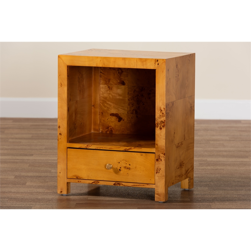 bali & pari Camira Natural Light Mappa Burl Wood 1-Drawer Nightstand