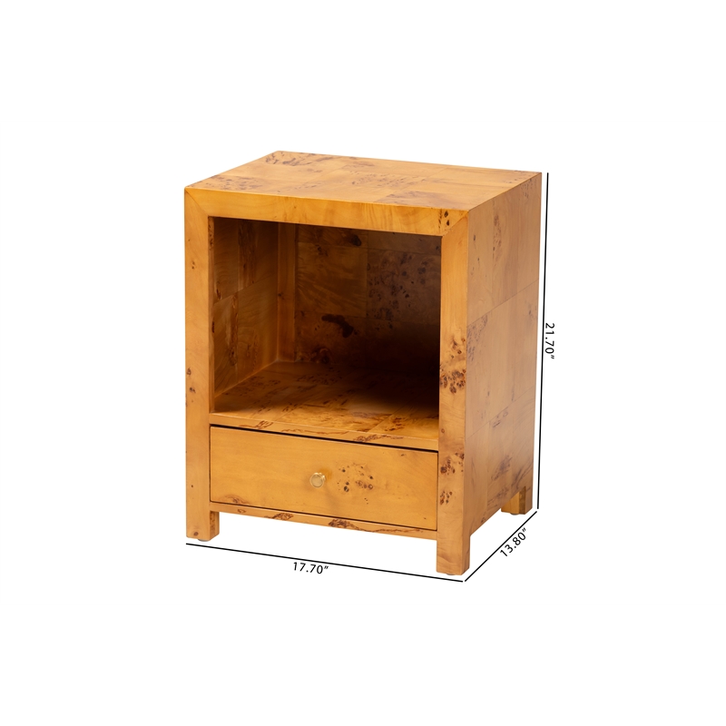 bali & pari Camira Natural Light Mappa Burl Wood 1-Drawer Nightstand