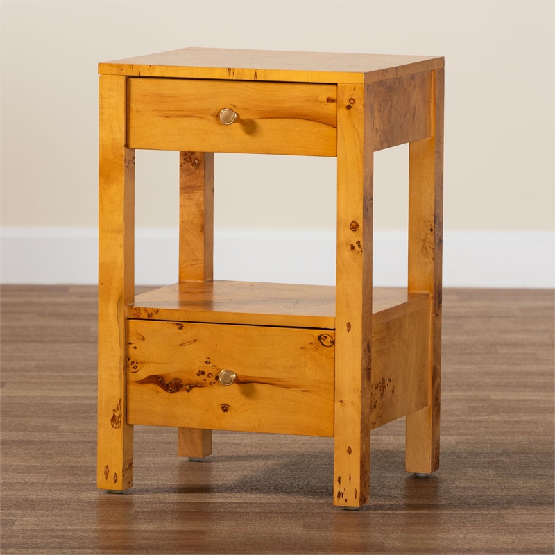 bali & pari Azmi Natural Light Mappa Burl Wood 2-Drawer Nightstand