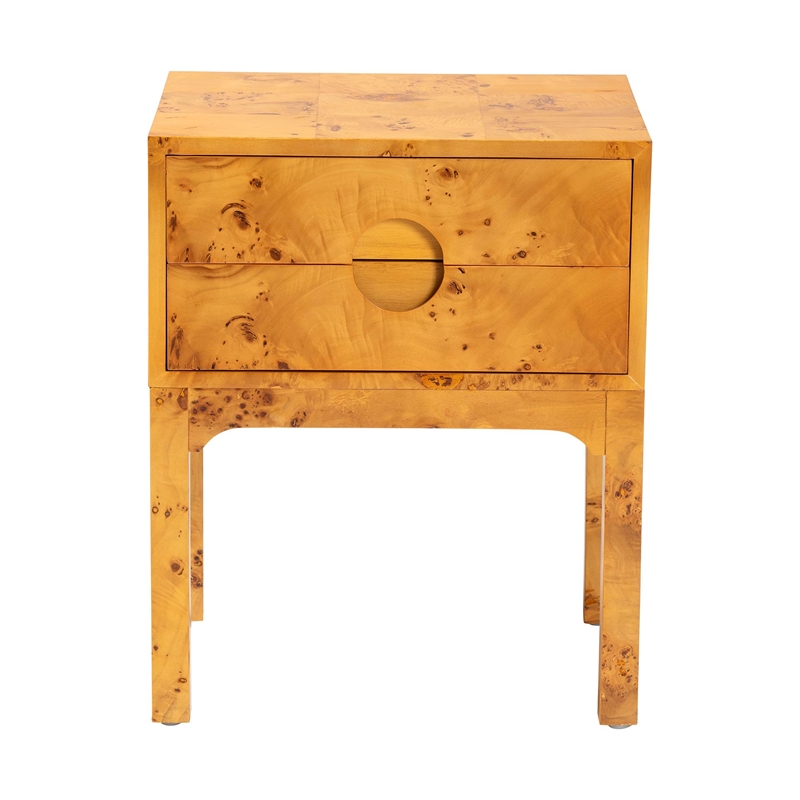 bali & pari Kayla Natural Light Mappa Burl Wood 2-Drawer Nightstand