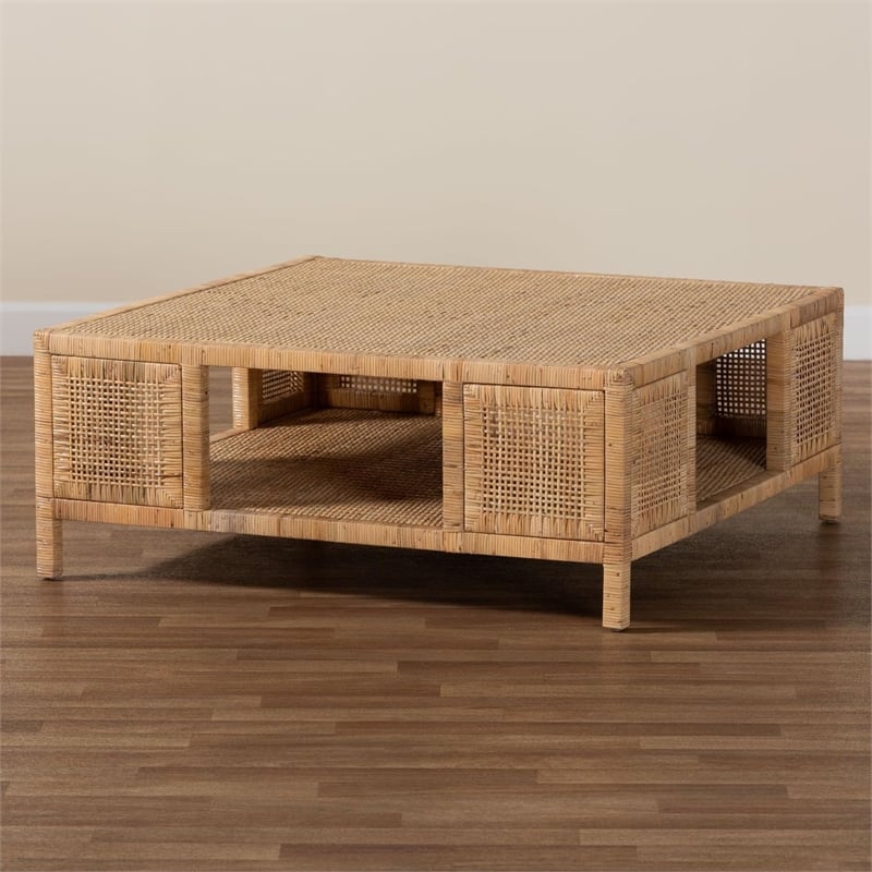 bali & pari Kalimantan Light Honey Rattan and Mahogany Wood Square Coffee Table