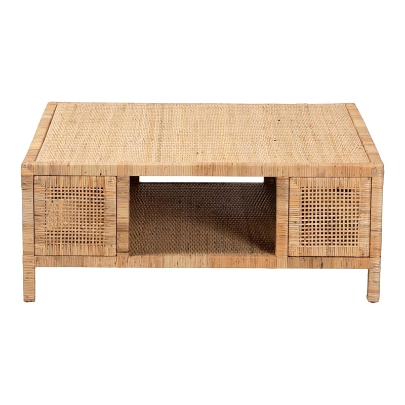 bali & pari Kalimantan Light Honey Rattan and Mahogany Wood Square Coffee Table