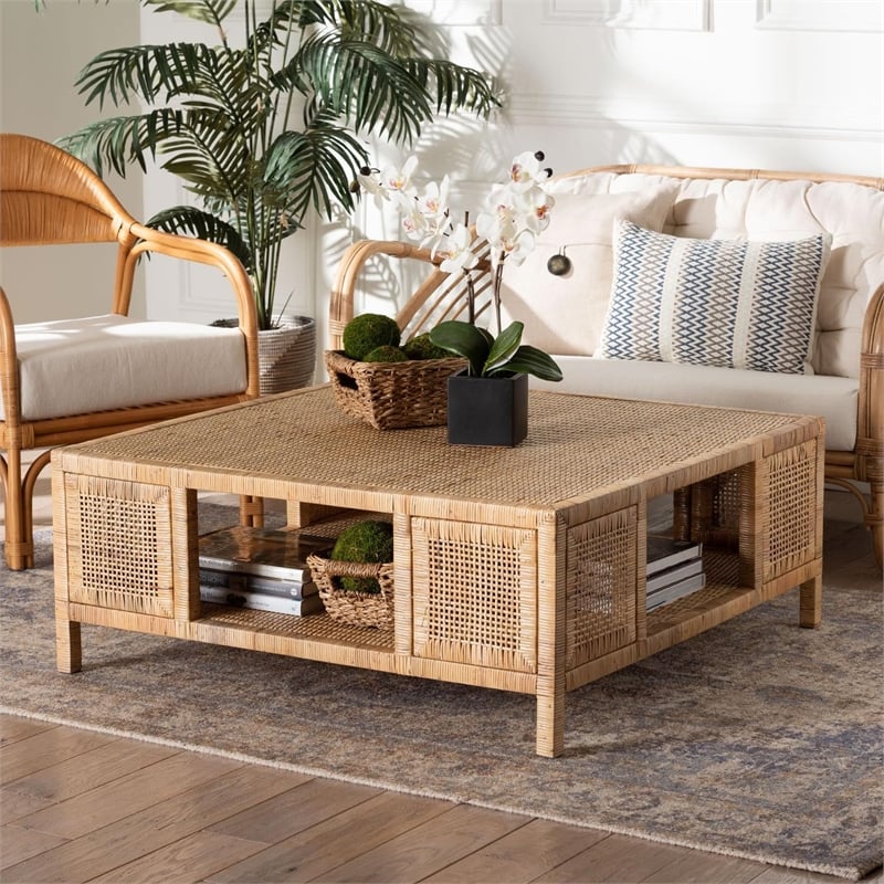 bali & pari Kalimantan Light Honey Rattan and Mahogany Wood Square Coffee Table