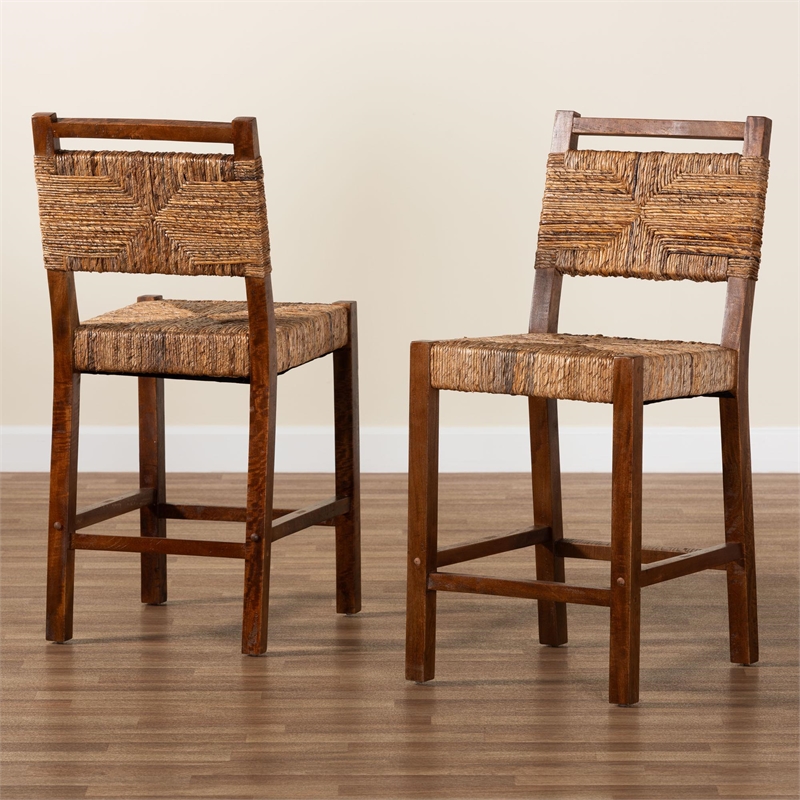 bali & pari Cordoba Natural Seagrass and Mahogany Wood 2-Piece Counter Stool Set