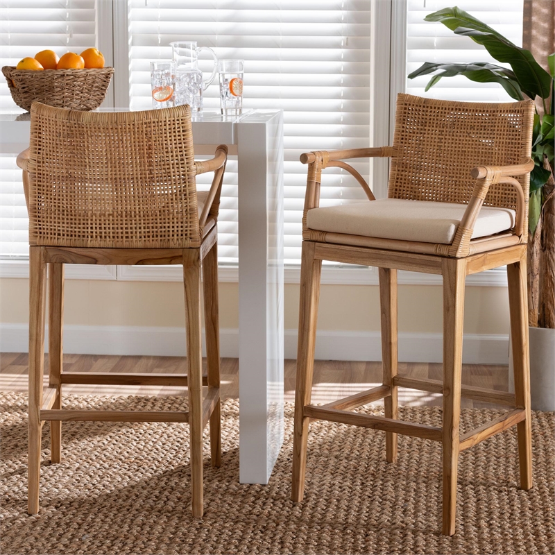 bali & pari Storsel Bohemian Natural Rattan and Teak Wood 2-Piece Bar Stool Set