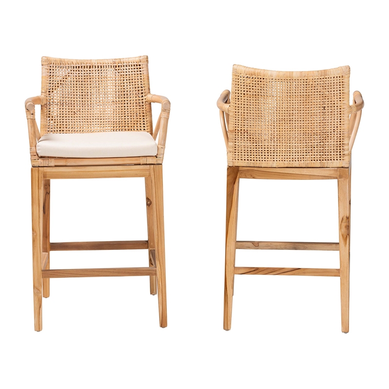 bali & pari Storsel Natural Rattan and Teak Wood 2-Piece Counter Stool Set