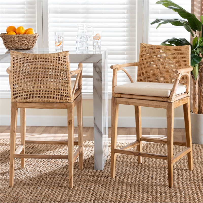 bali & pari Storsel Natural Rattan and Teak Wood 2-Piece Counter Stool Set