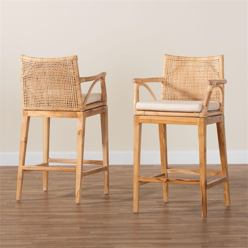 bali & pari Storsel Natural Rattan and Teak Wood 2-Piece Counter Stool Set