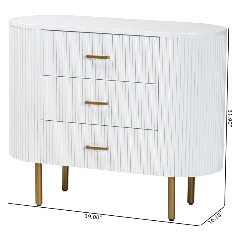 bali & pari Beyla Mid-Century White Fluted Wood and Gold Metal 3-Drawer Dresser