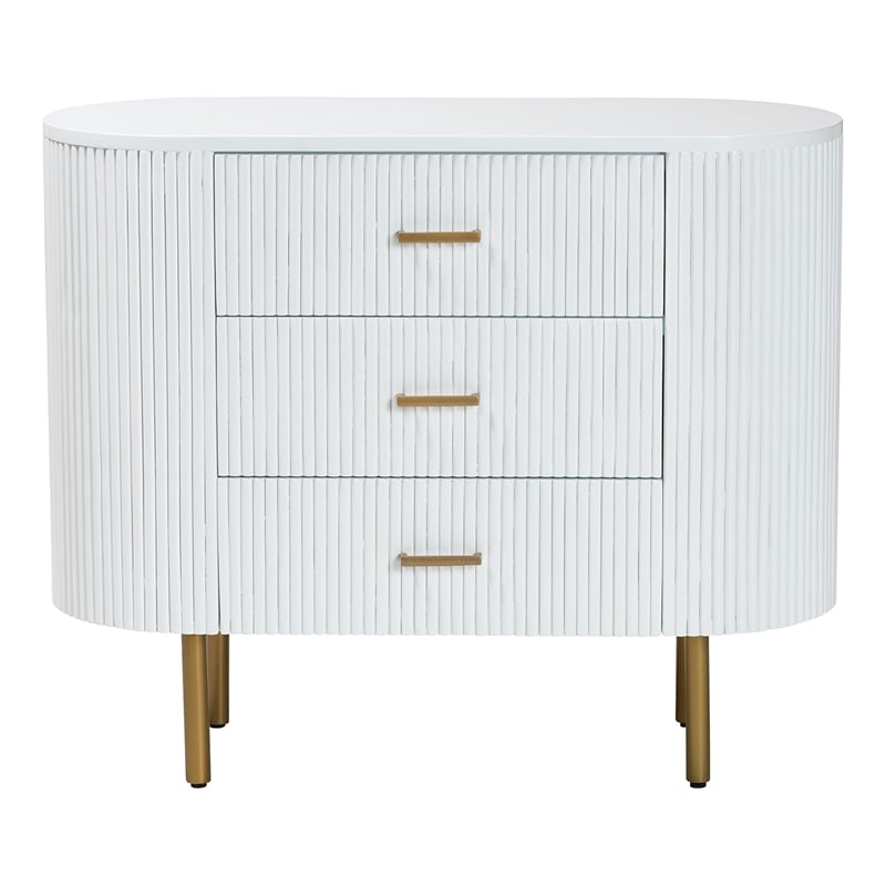 bali & pari Beyla Mid-Century White Fluted Wood and Gold Metal 3-Drawer Dresser