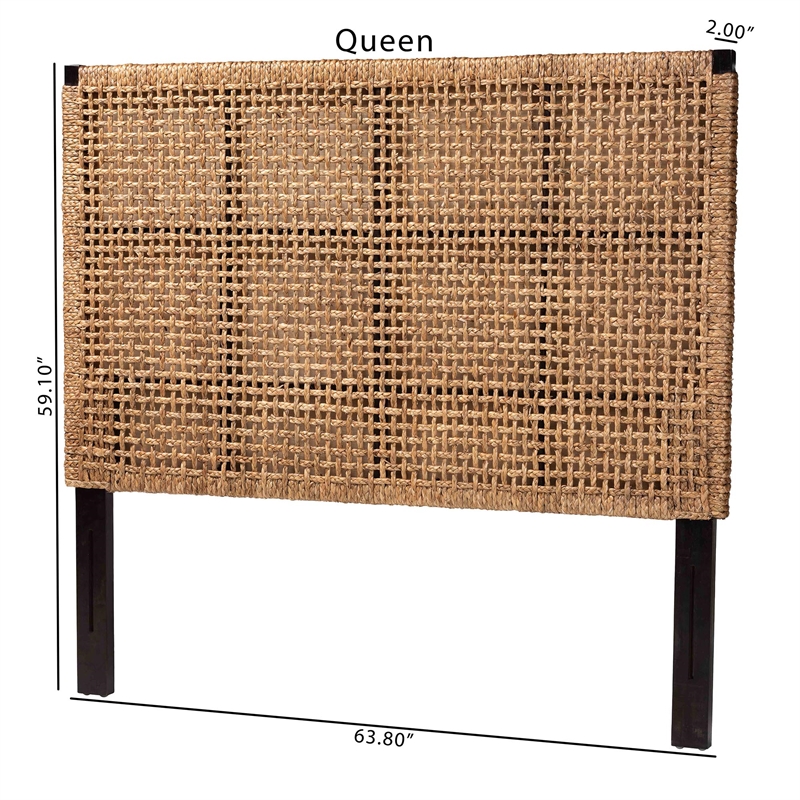 bali & pari Alise Seagrass and Dark Brown Mahogany Wood Queen Size Headboard