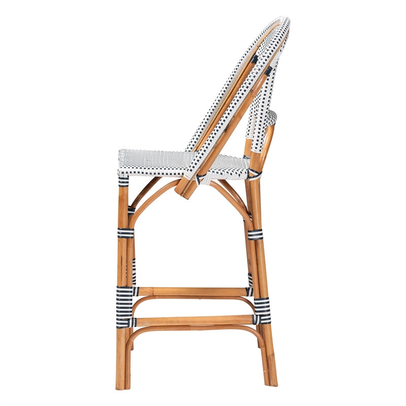 bali & pari Genica Two-Tone Navy and White Weaving and Natural Rattan Bar Stool