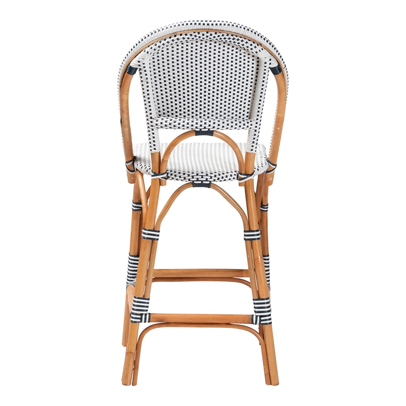 bali & pari Genica Two-Tone Navy and White Weaving and Natural Rattan Bar Stool