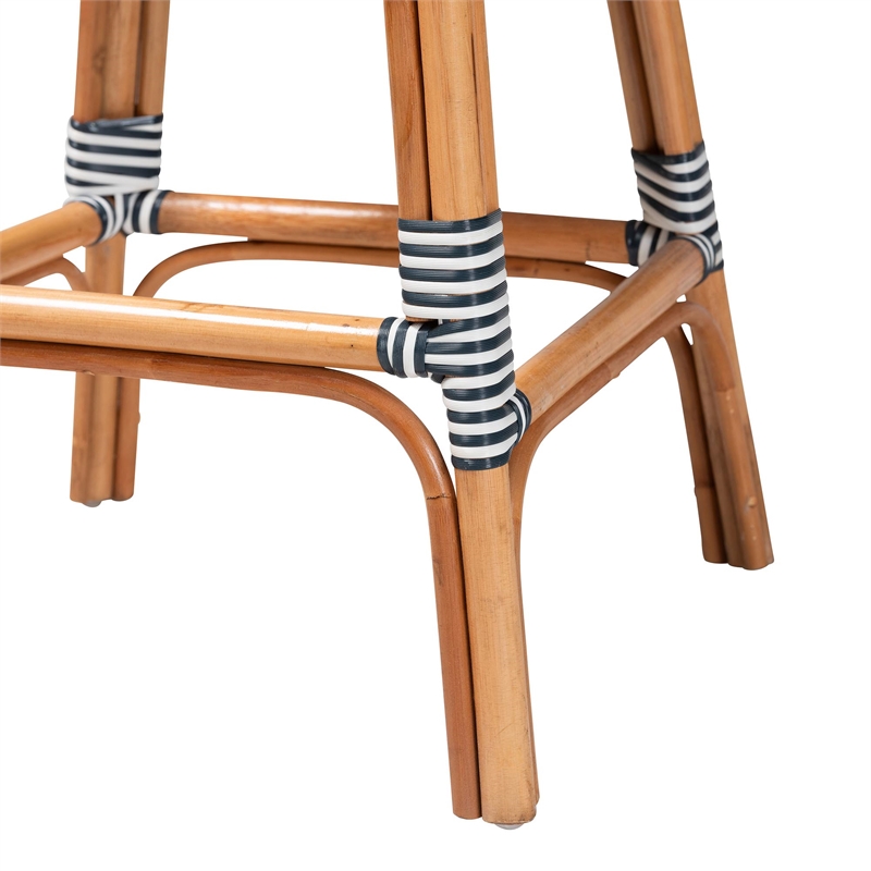bali & pari Genica Two-Tone Navy and White Weaving and Natural Rattan Bar Stool