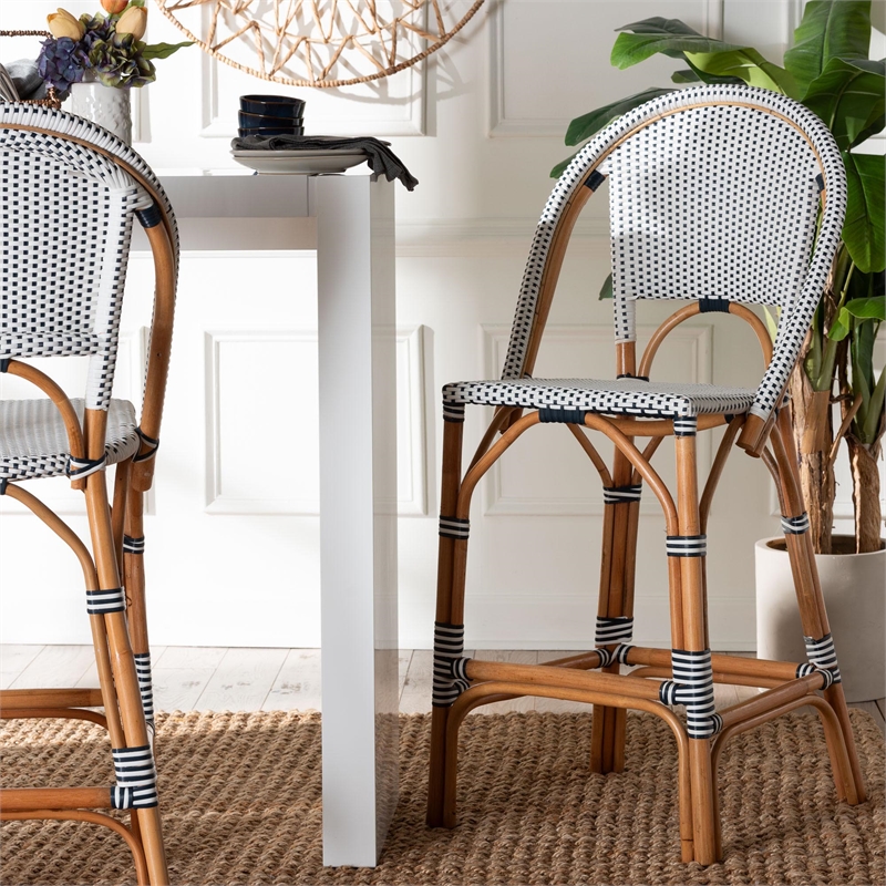 bali & pari Genica Two-Tone Navy and White Weaving and Natural Rattan Bar Stool