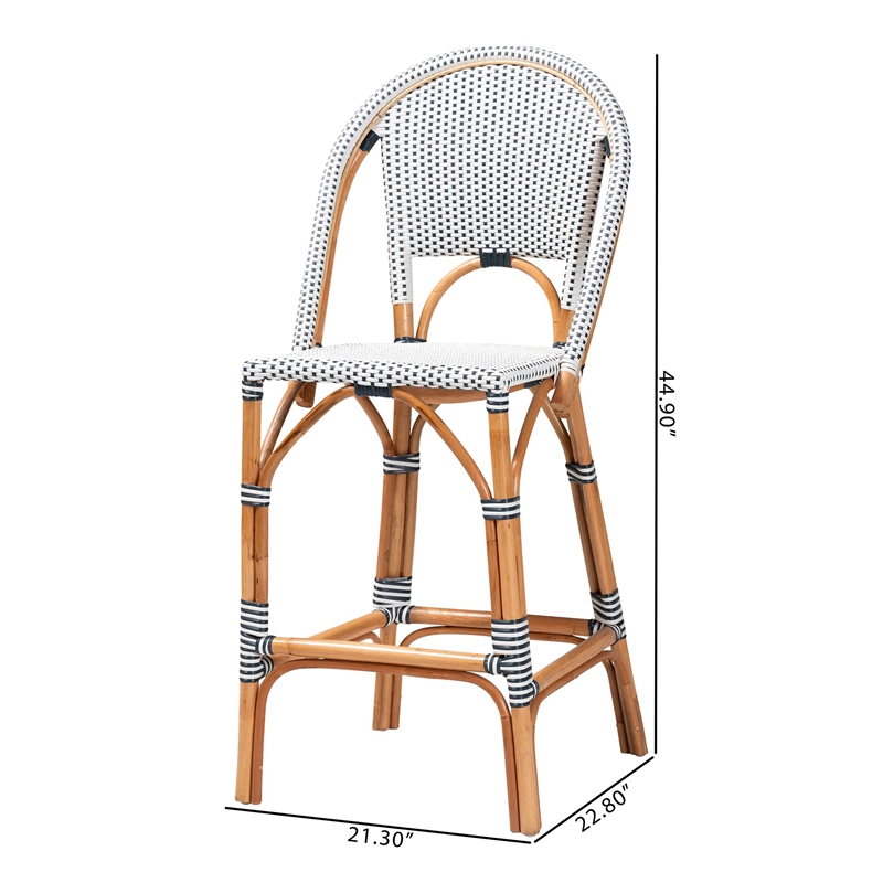 bali & pari Genica Two-Tone Navy and White Weaving and Natural Rattan Bar Stool