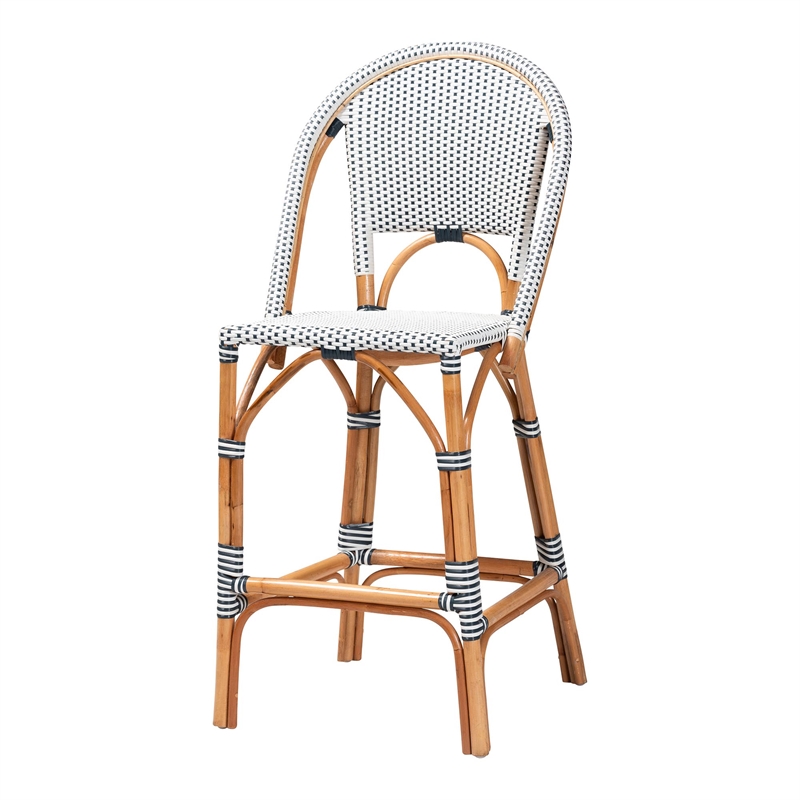 bali & pari Genica Two-Tone Navy and White Weaving and Natural Rattan Bar Stool