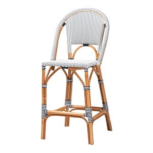 bali & pari Genica Two-Tone Navy and White Weaving and Natural Rattan Bar Stool