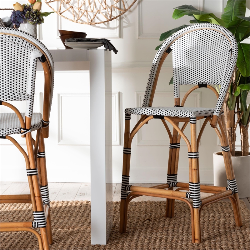 bali & pari Genica Two-Tone Black and White Weaving and Rattan Bar Stool