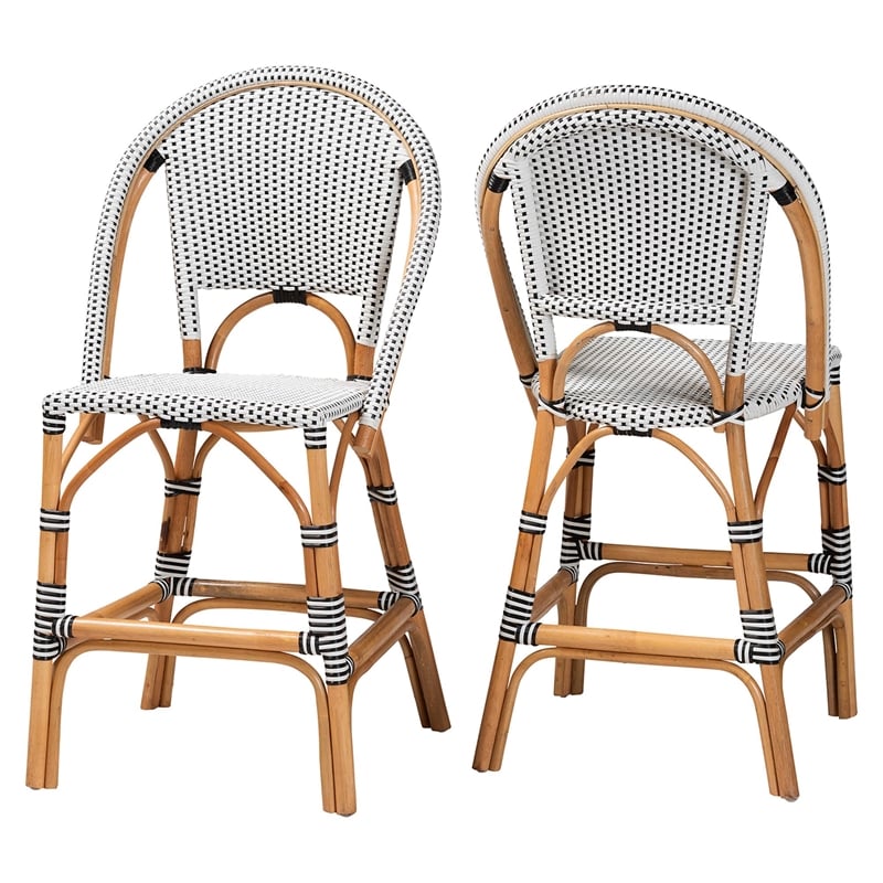 bali & pari Genica Black and White Weaving and Rattan 2-Piece Counter Stool Set