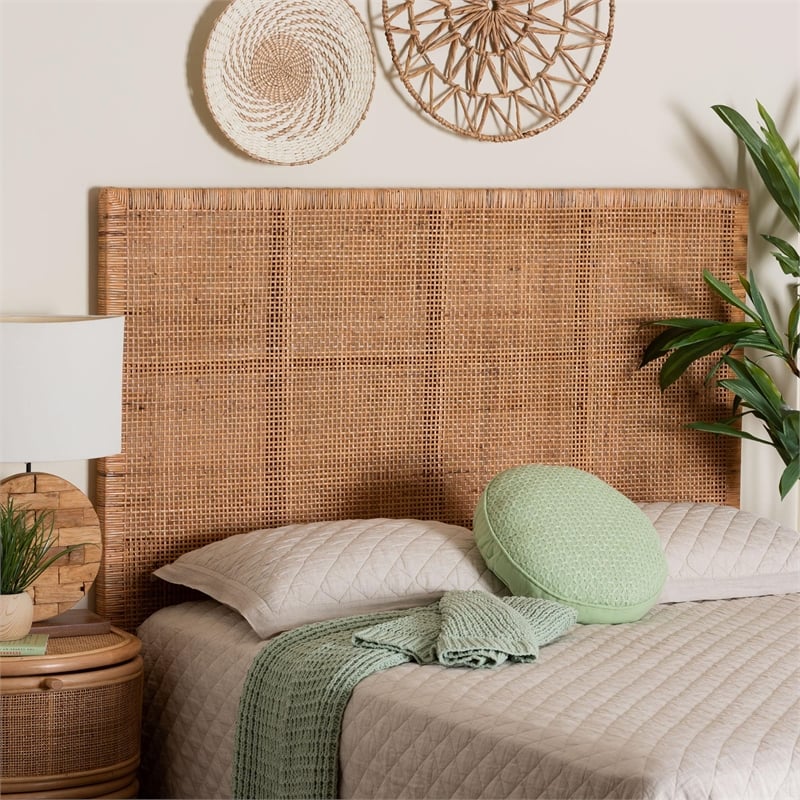 bali & pari Lesia Natural Rattan and Mahogany Wood Queen Size Headboard