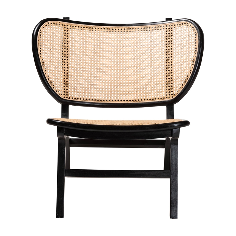 bali & pari Brisbane Bohemian Black Mahogany Wood and Woven Rattan Accent Chair