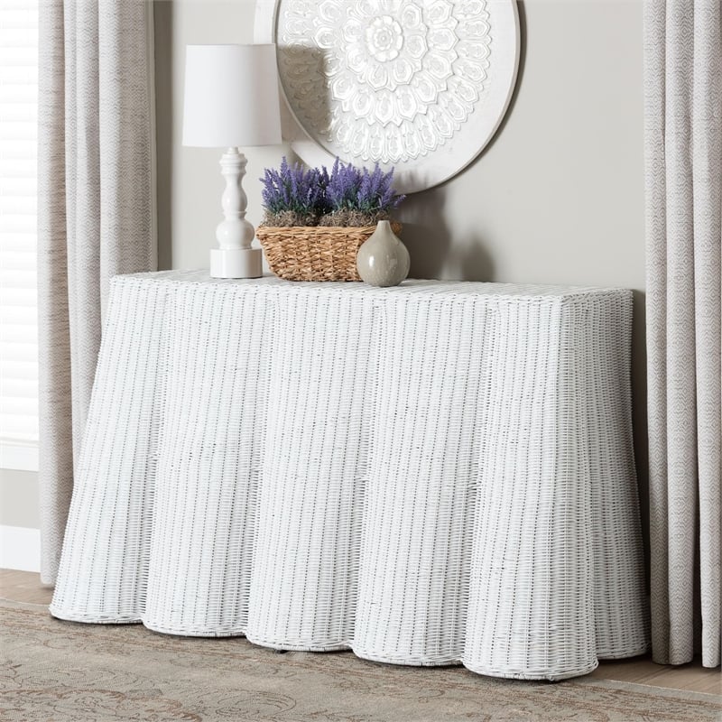bali & pari Palm Bohemian White Scallop Rattan Console Table