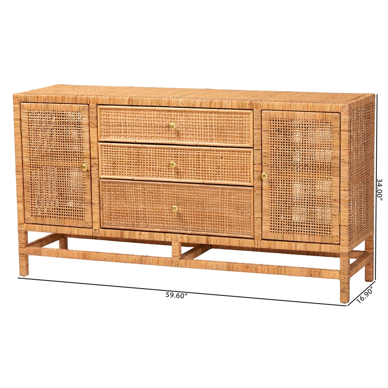 bali & pari Vivan Honey Rattan and Mahogany Wood 3-Drawer Storage Cabinet