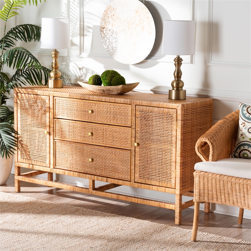 bali & pari Vivan Honey Rattan and Mahogany Wood 3-Drawer Storage Cabinet