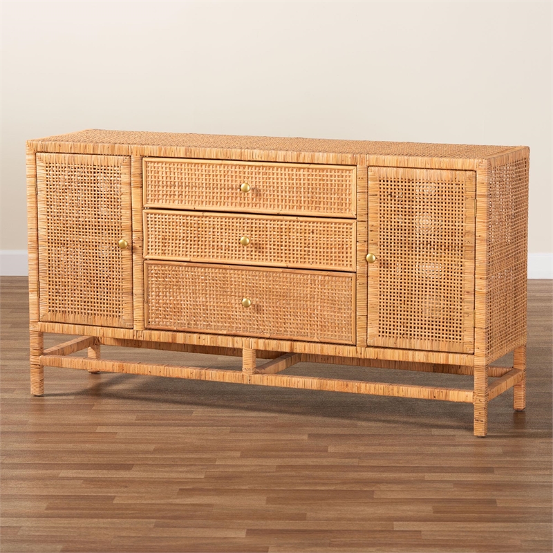 bali & pari Vivan Honey Rattan and Mahogany Wood 3-Drawer Storage Cabinet