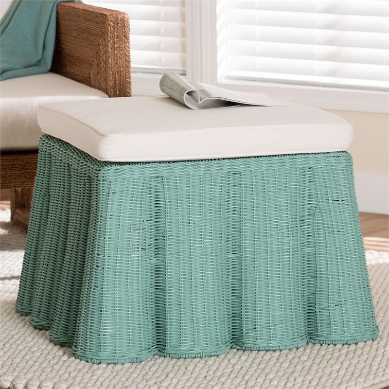 bali & pari Palm Bohemian Seafoam Green Scallop Rattan Ottoman