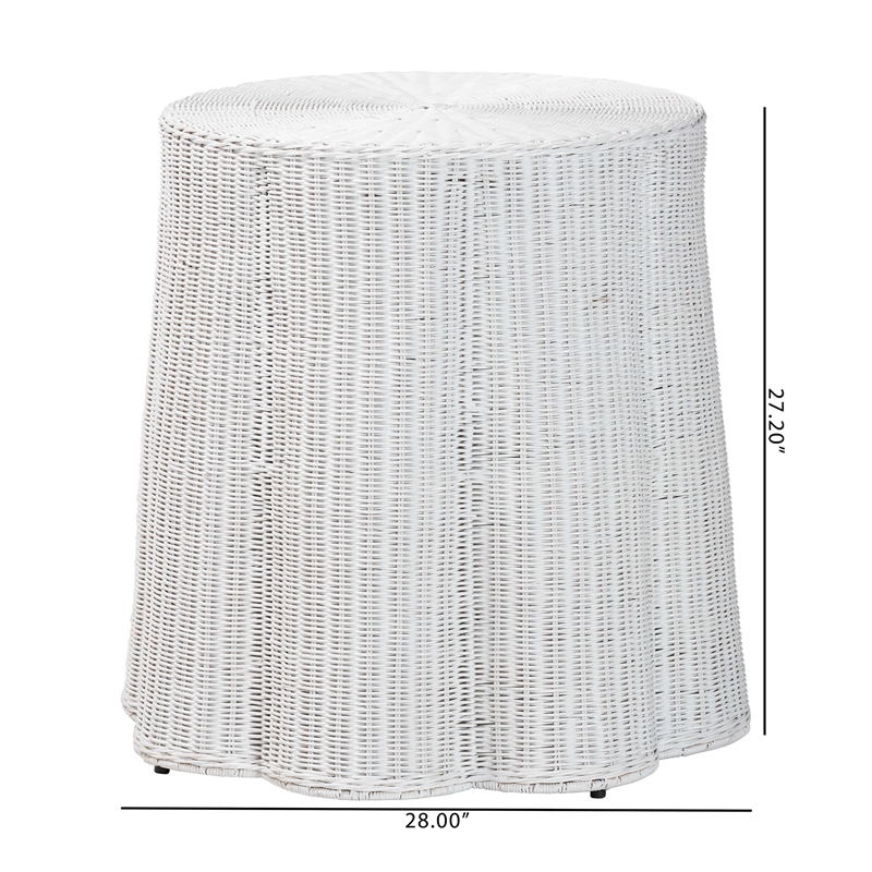 bali & pari Palm Bohemian White Scalloped Rattan End Table