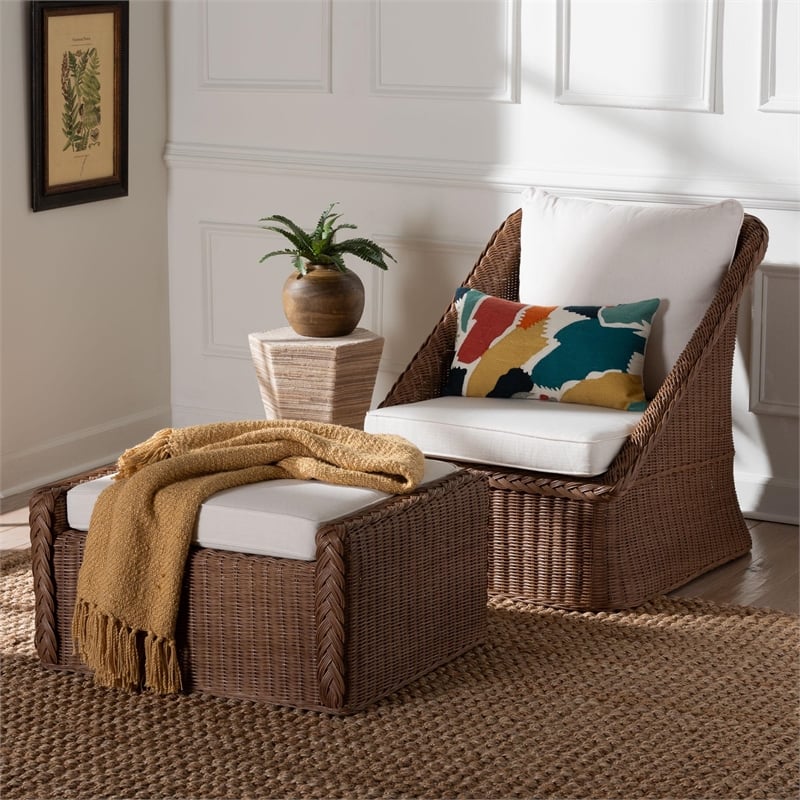 bali & pari Derris Brown Braided Rattan 2-Piece Arm Chair and Footstool Set