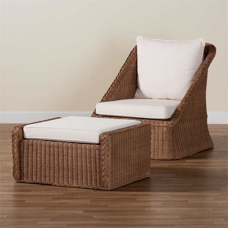 bali & pari Derris Brown Braided Rattan 2-Piece Arm Chair and Footstool Set