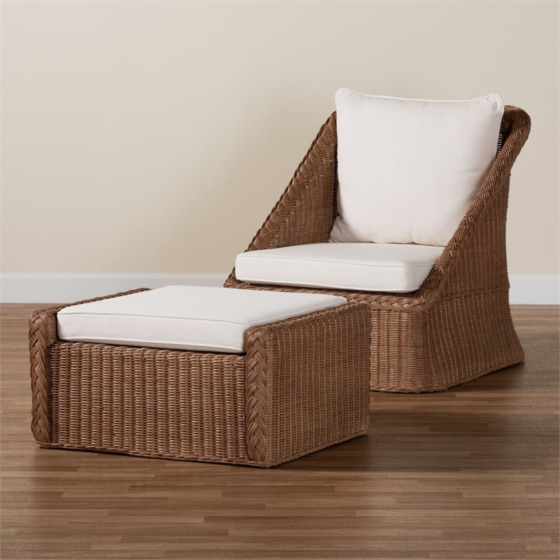 bali & pari Derris Brown Braided Rattan 2-Piece Arm Chair and Footstool Set