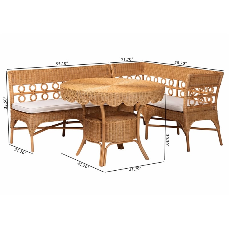 bali & pari Matilde Bohemian Light Honey Rattan 3-Piece Dining Nook Set