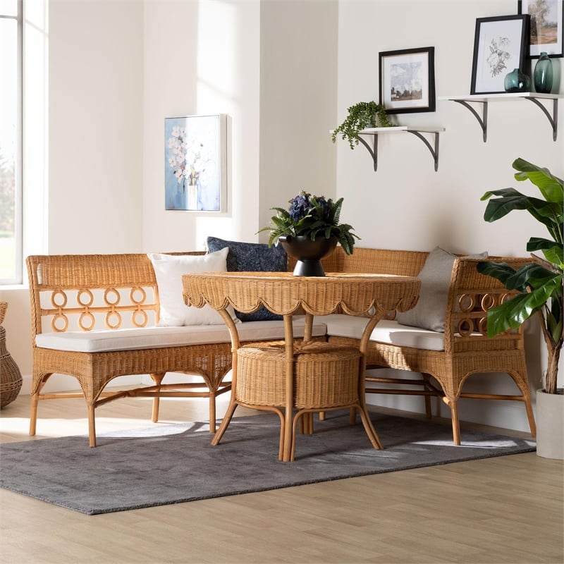 bali & pari Matilde Bohemian Light Honey Rattan 3-Piece Dining Nook Set