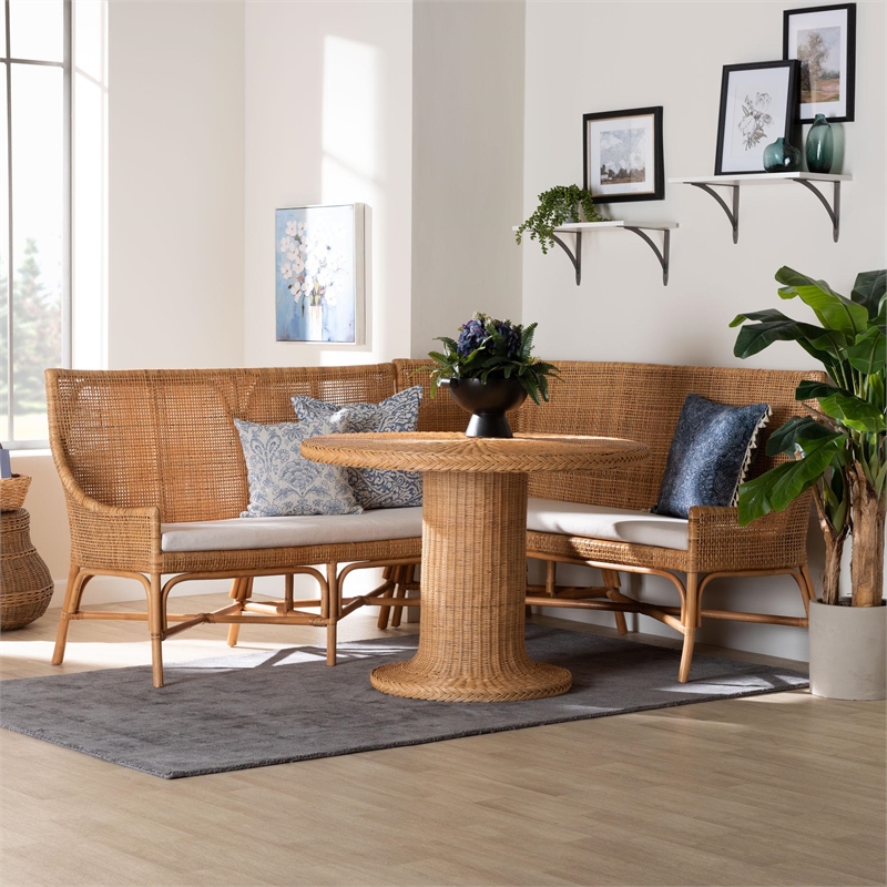 bali & pari Nantai Bohemian Light Honey Rattan 3-Piece Dining Nook Set