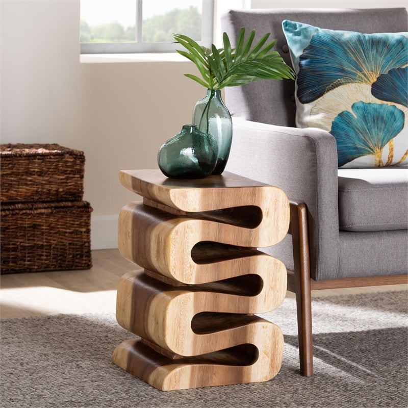 bali & pari Eliada Hand-carved Suar Wood Side Table Wavy Sculptural Accent Table