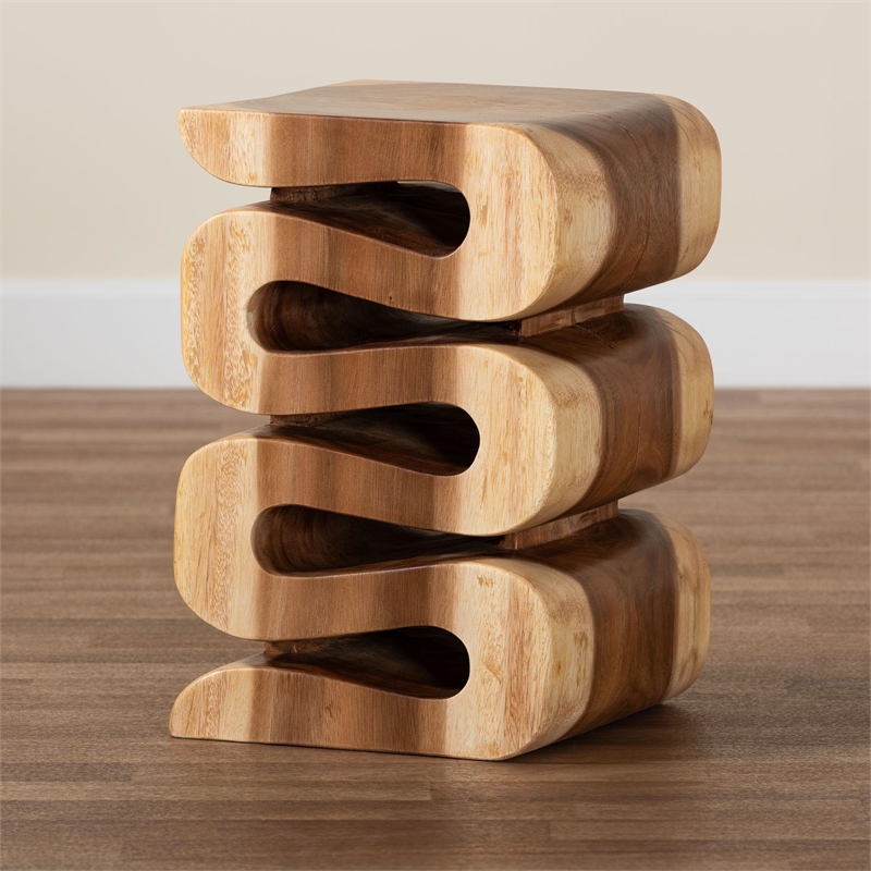 bali & pari Eliada Hand-carved Suar Wood Side Table Wavy Sculptural Accent Table