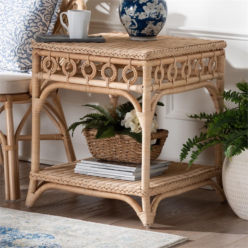 bali & pari Oxford Braided Natural Rattan End Table with Shelf