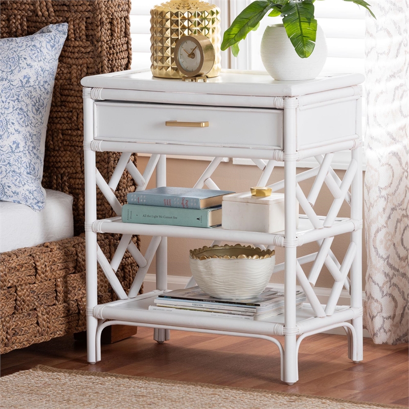 bali & pari Daina Natural Rattan Nightstand with Drawer and Open Shelves