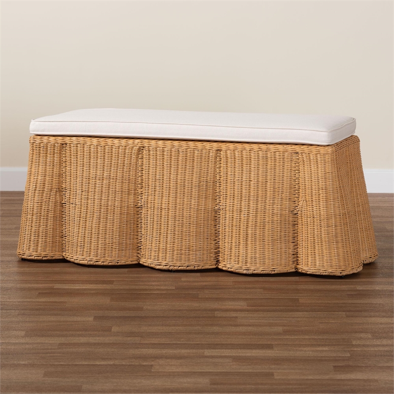 bali & pari Palm Scallop Natural Rattan Ottoman with Cushion