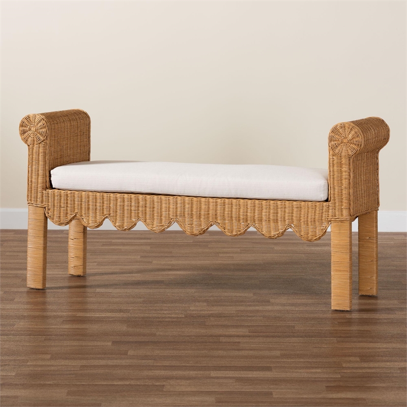 bali & pari Reiko Handwoven Natural Rattan Bench with Scalloped Detailing
