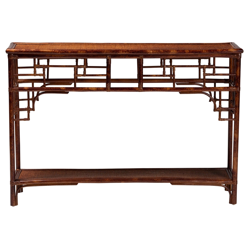 bali & pari Sebalio Tortoise Natural Rattan Console Table with Open Shelf