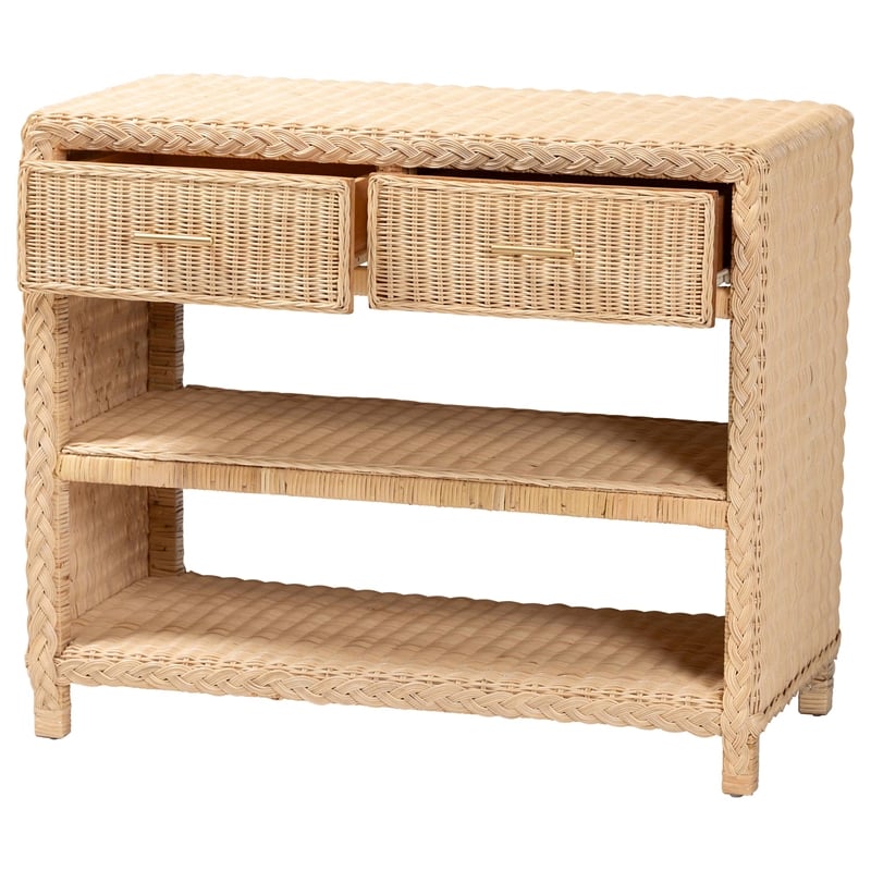 bali & pari Lanica Braided Natural Rattan Console Table with Drawers and Shelves