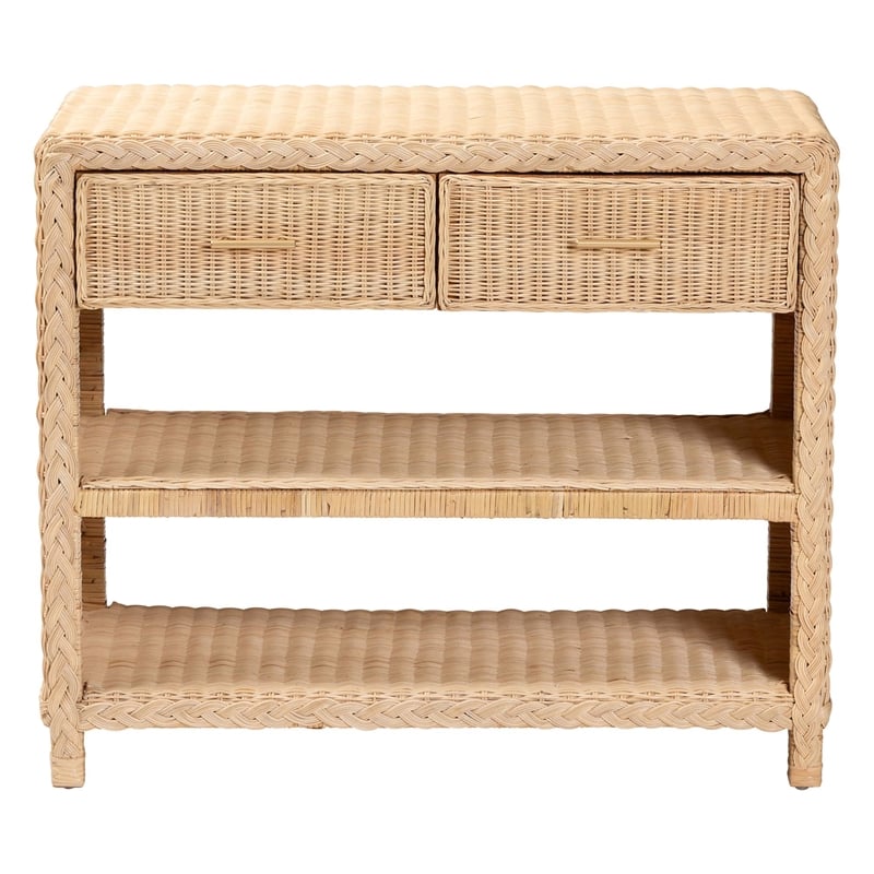 bali & pari Lanica Braided Natural Rattan Console Table with Drawers and Shelves