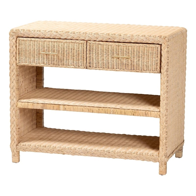 bali & pari Lanica Braided Natural Rattan Console Table with Drawers and Shelves