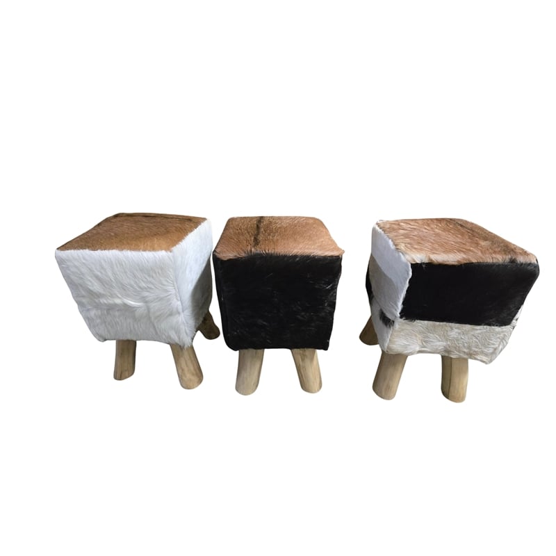 bali & pari Scotlyn Leather Footstool with Wood Legs - Rustic Boho Accent Seat
